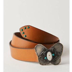 Free People leather brown belt with butterfly silver buckle and stone details